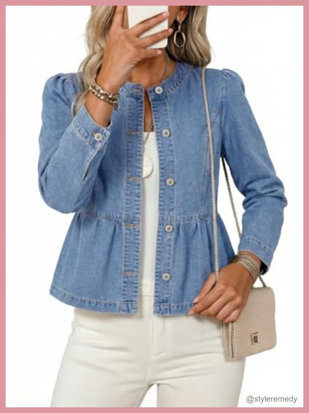 Cropped Denim Jacket Women Ruffle Hem Puff Sleeve Collarless Cinched Waist